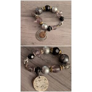 Follow Your Heart Charm Bracelet Beaded Compass Rose Silver Black Purple Boho
